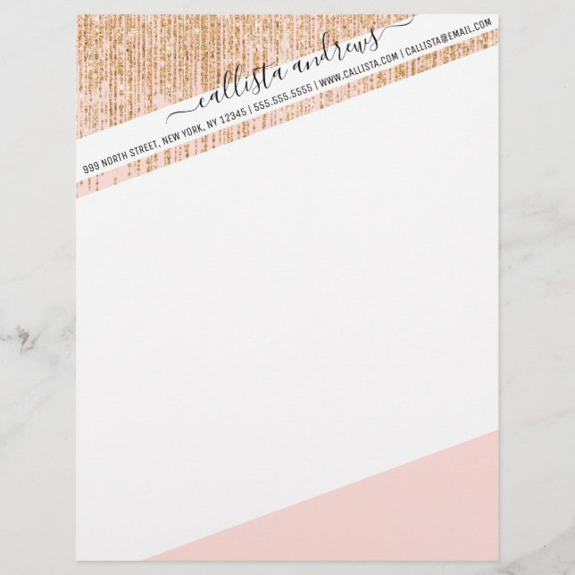 Luxury Blush Pink Gold Sparkly Glitter Fringe Letterhead (Front)