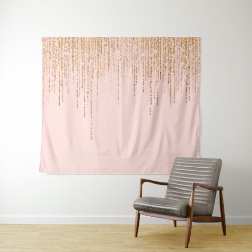 Luxury Blush Pink Gold Sparkly Glitter Fringe Tapestry