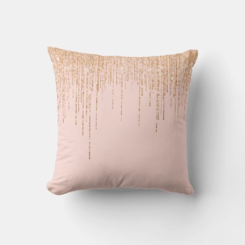 Luxury Blush Pink Gold Sparkly Glitter Fringe Throw Pillow