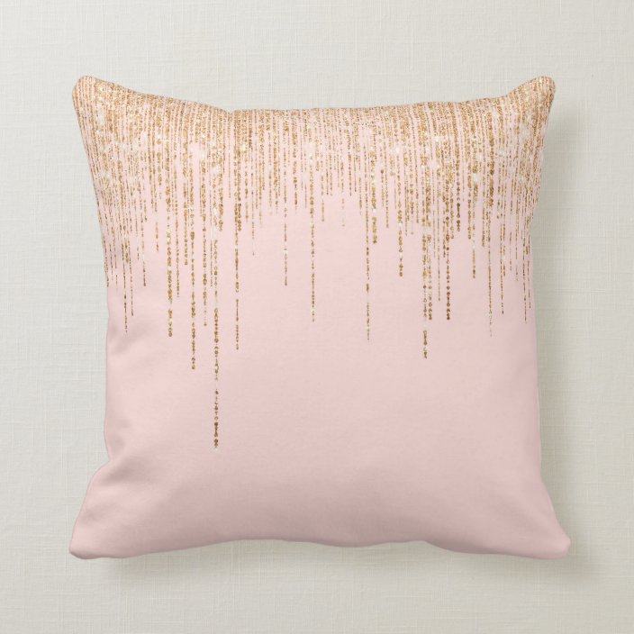 Luxury Blush Pink Gold Sparkly Glitter Fringe Throw Pillow