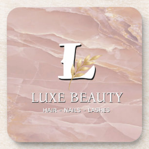 Luxury Blush Pink Marble Beauty Salon Logo Beverage Coaster
