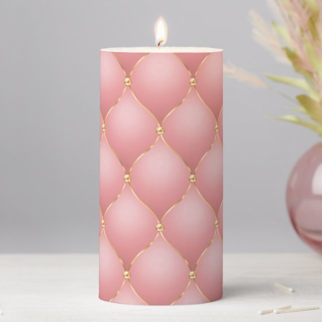 Luxury Blush Pink Rose Gold Diamond Tufted Pattern Pillar Candle (In Situ)