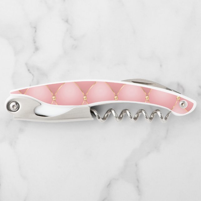 Luxury Blush Pink Rose Gold Diamond Tufted Pattern Waiter's Corkscrew (Front)