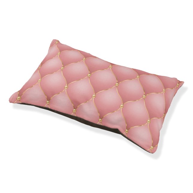 Luxury Blush Pink Rose Gold Diamond Tufted Pet Bed (Angled)