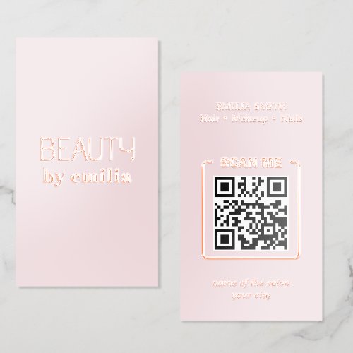 Luxury Blush Pink Rose Gold Foil Beauty QR Code Business Cards