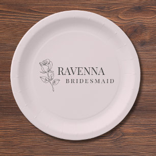 Luxury Blush Pink Rose Line Art Personalized Name Paper Plates