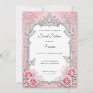 Luxury Blush Pink Silver Princess Sweet 16 Invitation