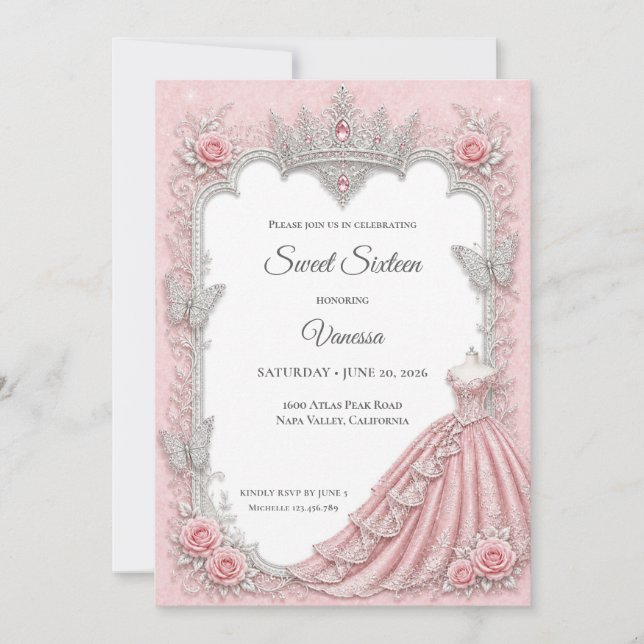 Luxury Blush Pink Silver Princess Sweet 16 Invitation (Front)