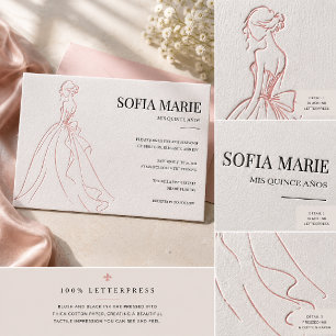 Luxury Blush Quinceañera Dress Sketch Letterpress Invitation