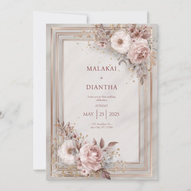 Luxury Blush Rose Gold Frame Floral Wedding Invitation (Front)