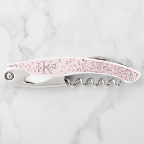 Luxury Blush Rose Gold  Glitter Confetti Monogram Waiters Corkscrew