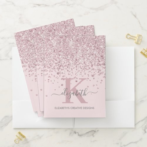 Luxury Blush Rose Gold Glitter Monogram Business Pocket Folder