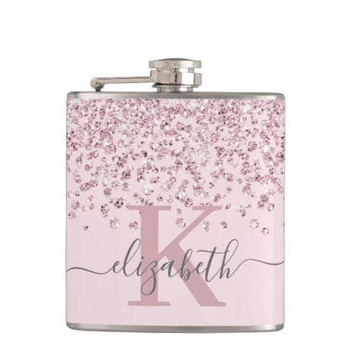 Luxury Blush Rose Gold Glitter Script Monogrammed Flask