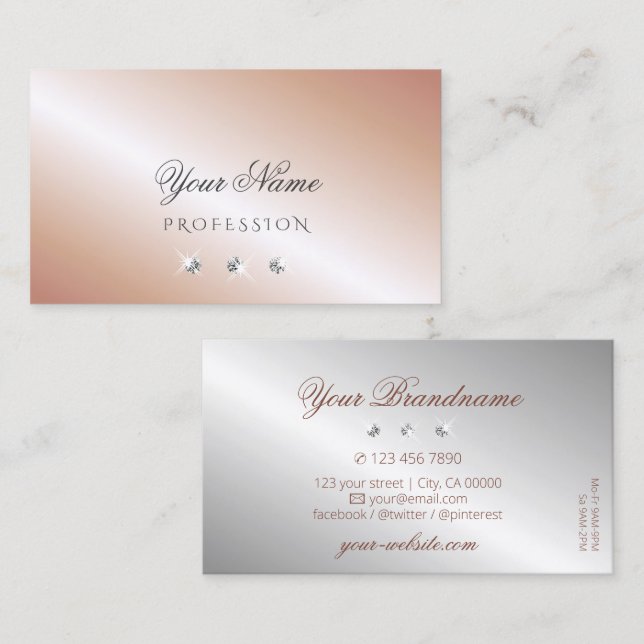 Luxury Blush Rose Gold Silver and Sparkle Diamonds Business Card (Front/Back)