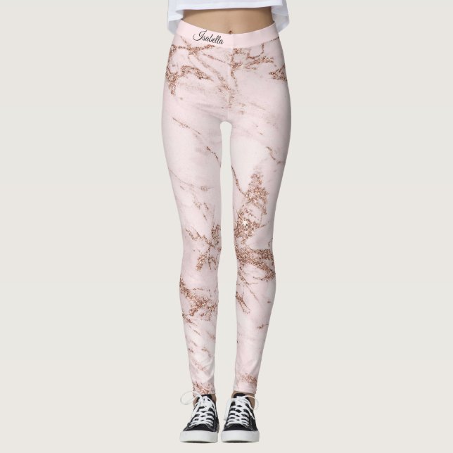 Luxury Blush Rose Pink Glitter Marble Add Text Leggings (Front)