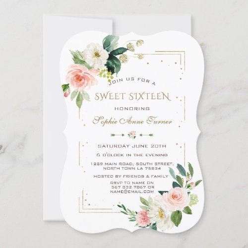 Luxury Blush White Flowers Gold Glitter Sweet 16 Invitation