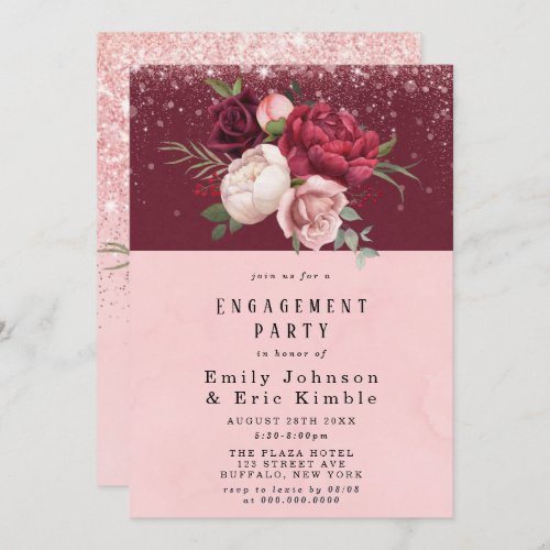 Luxury Blush Wine Peony Glitter Engagement Party Invitation