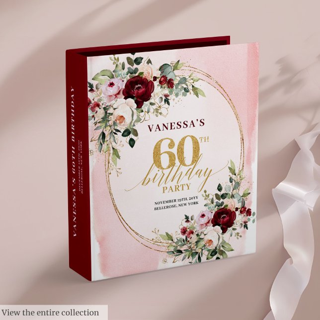 Luxury Boho Blush Burgundy Gold 60th Memory Album 3 Ring Binder (Luxury Boho Blush Burgundy Gold 60th Memory Album)