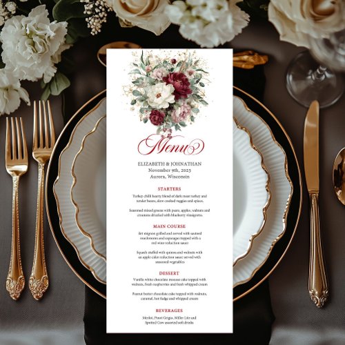 Luxury Boho Burgundy Floral Gold Menu Card