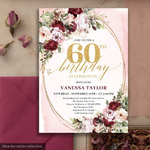 Luxury Boho Burgundy Gold Floral 60th Birthday Invitation