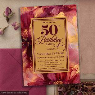 Luxury Boho Burgundy Gold Flowers 50th Birthday Invitation