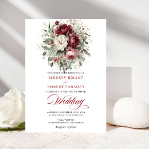 Luxury Boho Burgundy White Floral Gold Wedding Invitation