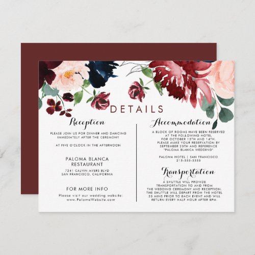 Luxury Boho Colorful Floral Wedding Details  Enclosure Card