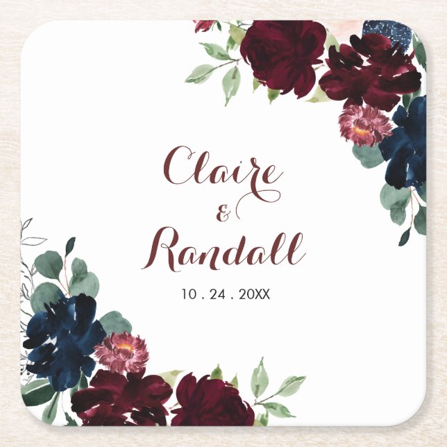 Luxury Boho Colorful Floral Wedding  Square Paper Coaster (Front)