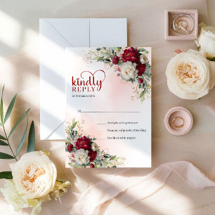 Luxury Boho Deep Red Gold Floral Wedding RSVP Card