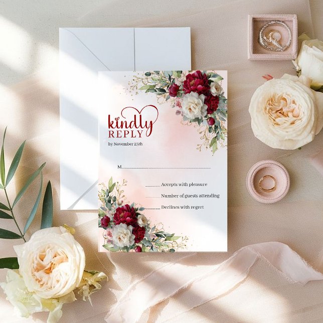 Luxury Boho Deep Red Gold Floral Wedding RSVP Card (Luxury Boho Deep Red Gold Floral Wedding RSVP)