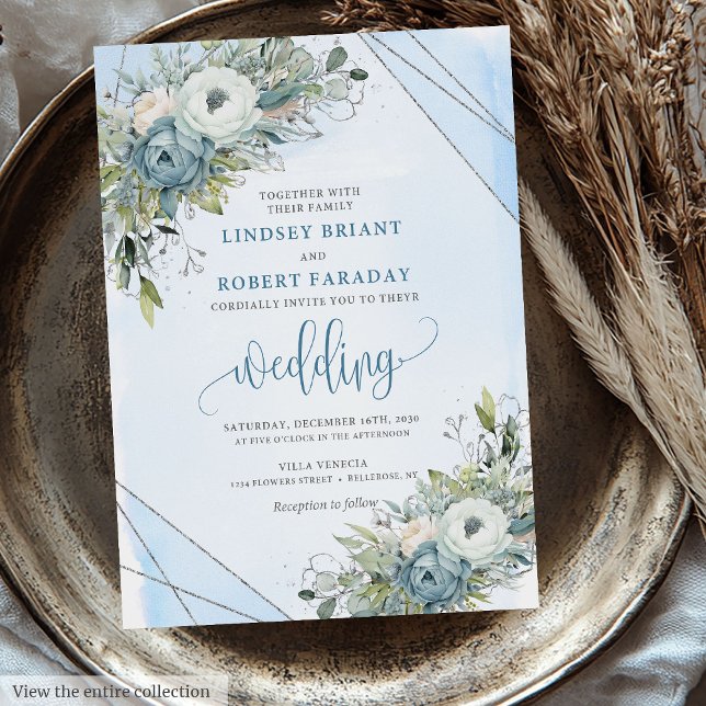 Luxury Boho Dusty Blue Silver Peonies Wedding  Invitation (Luxury Boho Dusty Blue Silver Peonies Wedding Invitation)