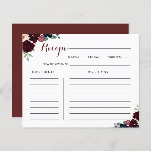 Luxury Boho Floral Bridal Shower Recipe Card