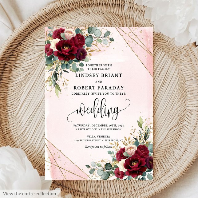 Luxury Boho Merlot Gold Blush Roses Wedding Invite (Luxury Boho Merlot Gold Blush Roses Wedding Invitation)