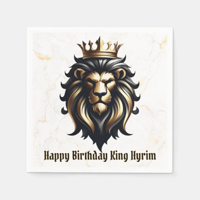 Luxury Bold Black and Gold Lion with Crown Napkins (Front)