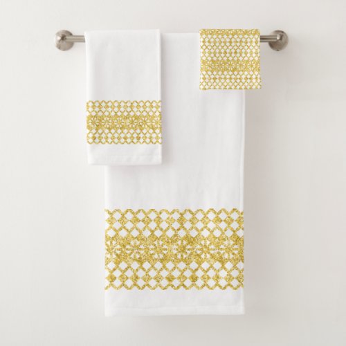 Luxury Border Gold Lace on White Bath Towel Set