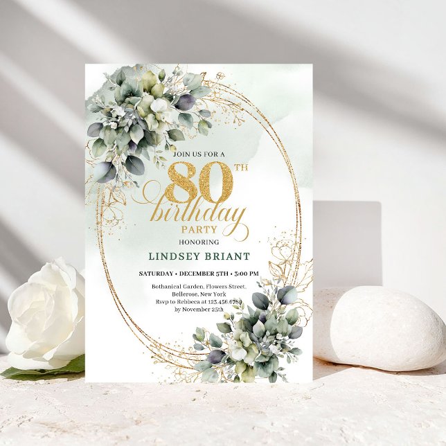 Luxury Botanical Eucalyptus 80th Birthday Invite (Luxury Botanical Eucalyptus 80th Birthday Invite)