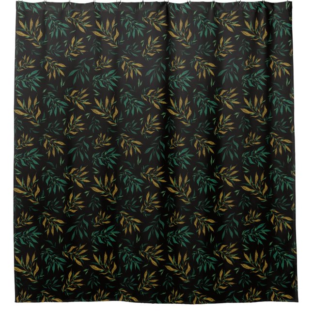 Luxury Botany Pattern with Golden and Green Leaves Shower Curtain (Front)