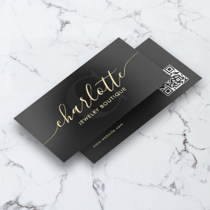 Luxury Boutique Script Monogram QR Code Black Foil Business Cards
