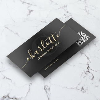 Luxury Boutique Script Monogram QR Code Black Foil Business Cards