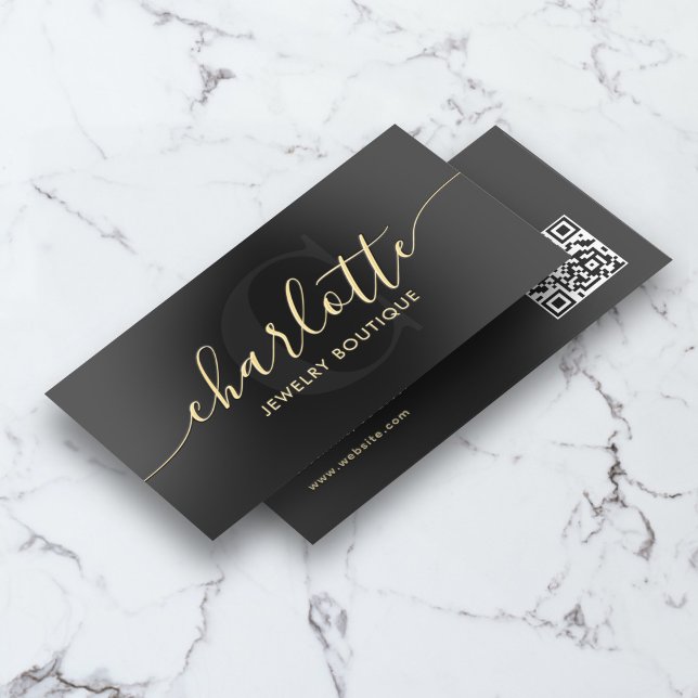 Luxury Boutique Script Monogram QR Code Black Foil Business Cards (Creator Uploaded)