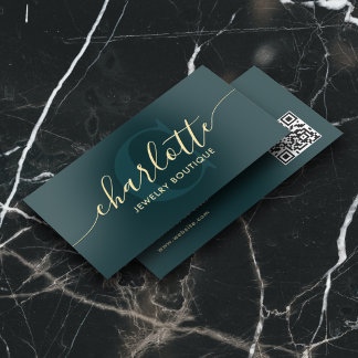 Luxury Boutique Script Monogram QR Code Teal Foil Business Cards