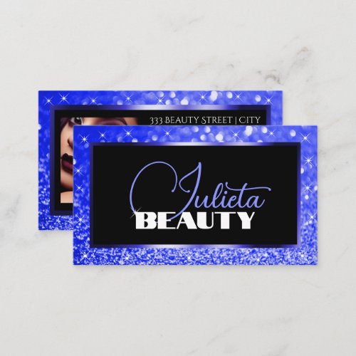 Luxury Bright Blue Sparkle Glitter Photo Template Business Card