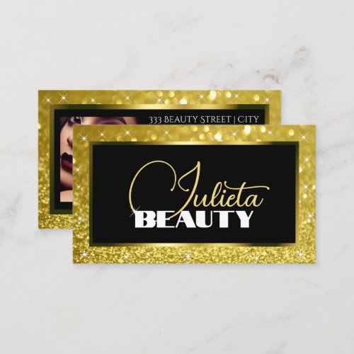 Luxury Bright Gold Sparkle Glitter Photo Template Business Card