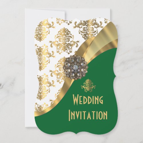 Luxury bright green and gold damask wedding invitation