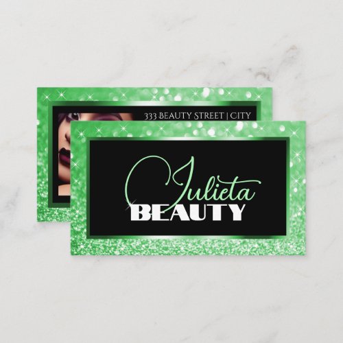 Luxury Bright Green Sparkle Glitter Photo Template Business Card