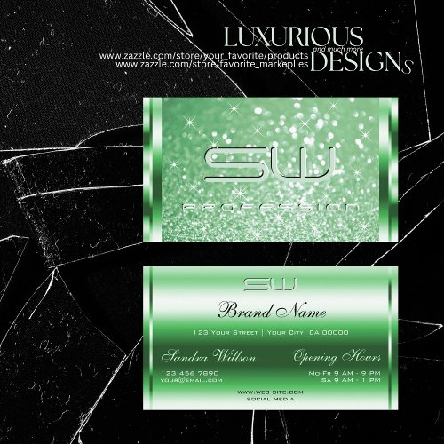 Luxury Bright Green Sparkle Glitter Stars Initials Business Card