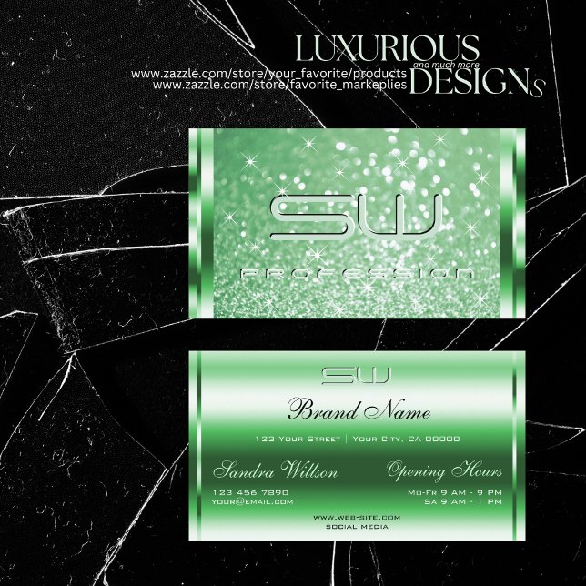 Luxury Bright Green Sparkle Glitter Stars Initials Business Card (Creator Uploaded)