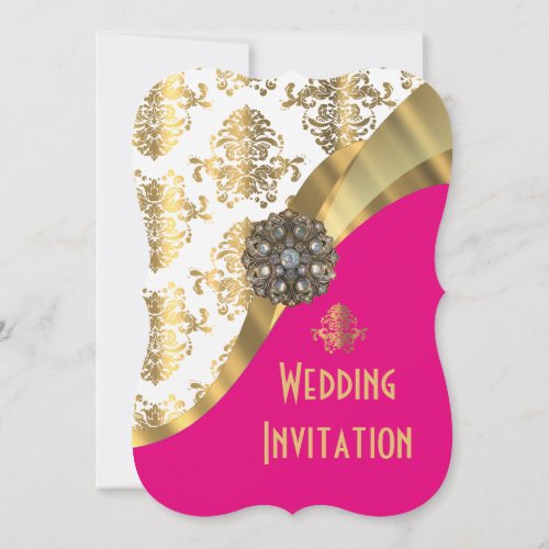 Luxury bright pink and gold damask wedding invitation