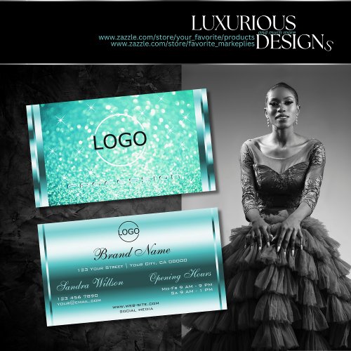 Luxury Bright Teal Glitter Luminous Stars and Logo Business Card