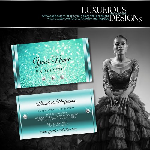 Luxury Bright Teal Glitter Luminous Stars Diamonds Business Card